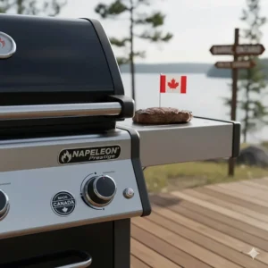 Close-up of the Napoleon Prestige series logo, highlighting its Canadian-made heritage for local shoppers.