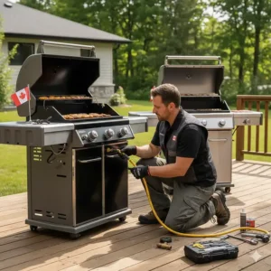 A licensed Canadian technician installing a natural gas line for a Weber vs Napoleon gas BBQ comparison.