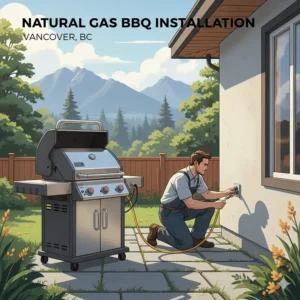 Illustration of a licensed technician installing a natural gas quick-connect valve for a backyard grill in a Canadian residential setting.