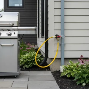 An illustration showing a natural gas grill connection to a Canadian home exterior line for permanent fuel supply.