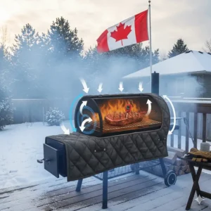 Illustration showing thermal insulation on an offset smoker to maintain consistent temperatures during a Canadian winter.
