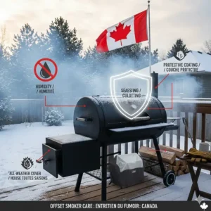 Infographic on protecting an offset smoker from rust and humidity in the Canadian climate.