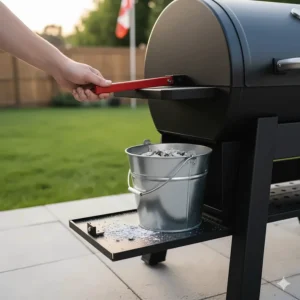The easy-access ash removal system of a budget-friendly pellet grill, simplifying post-BBQ cleanup.