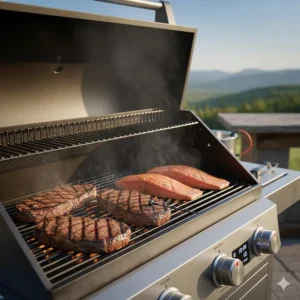 Grilling Alberta beef steaks and Atlantic salmon on a wood-fired pellet smoker.