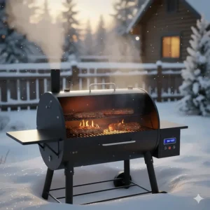 A durable pellet grill operating in a snowy Canadian backyard during winter.