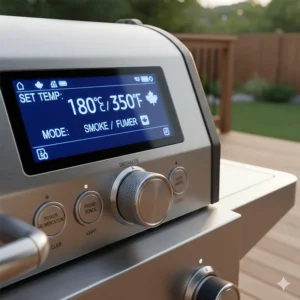 Close-up of a digital pellet grill controller with bilingual English and French settings.
