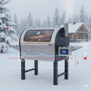 Infographic showing consistent heat retention of a pellet grill in cold Canadian climates.