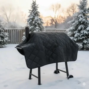 An insulated pellet grill maintaining heat during a Canadian winter, perfect for year-round backyard cooking.