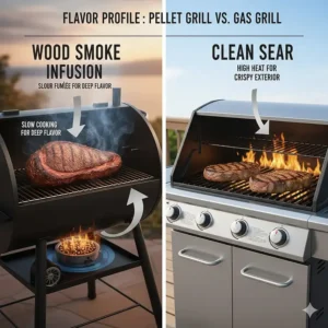 Illustration showing the difference between wood smoke infusion in pellet grills versus the clean sear of a gas grill.
