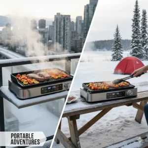Portable electric grill for apartment balcony and weekend trips to Canadian provincial parks or campsites.