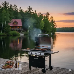A portable gas grill on a dock at a Muskoka-style cottage, perfect for Canadian summer camping and lake trips.