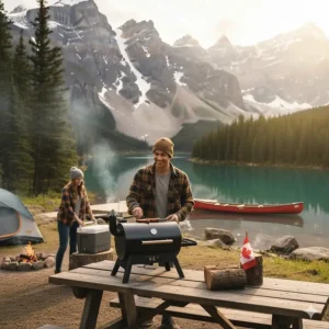 A compact, affordable pellet grill being used at a Canadian campsite in the Rocky Mountains.