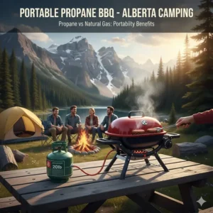 A portable 20lb propane tank being used for a BBQ at a Canadian campsite. Propane vs natural gas BBQ portability benefits.