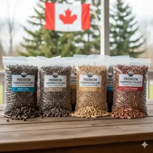 A variety of food-grade hardwood pellets available in Canada for budget-friendly wood-fired grilling.
