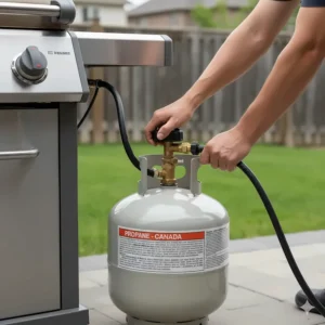 An illustration of a standard 20lb propane tank being connected to a gas grill, a common sight in Canadian retail.