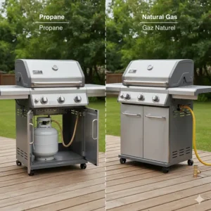 Comparison graphic of propane tank and natural gas hookups for a 4 burner gas grill in Canada.