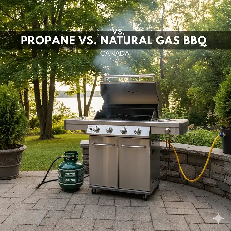 Comparison of a propane tank and a natural gas line connection for a premium grill on an Ontario patio. Propane vs natural gas BBQ.