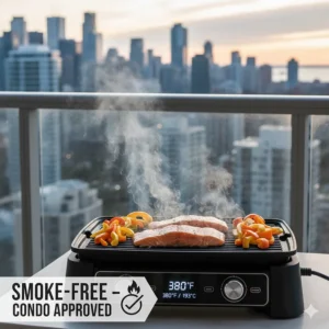 Illustration of a smoke-free electric grill showing compliance with Canadian apartment building fire safety bylaws.