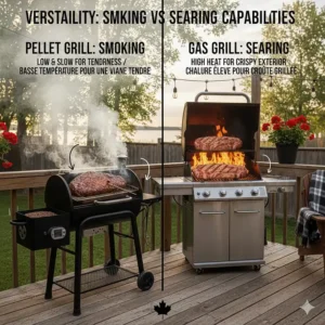 Illustration showing a brisket being smoked on a pellet grill and steaks being seared on a gas grill.
