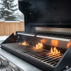 Close-up of high-grade stainless steel burners designed to resist Canadian winter salt and humidity.