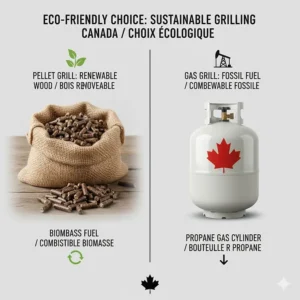 Illustration of renewable hardwood pellets versus traditional fossil fuel propane cylinders.