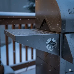Close-up of a weather-resistant, powder-coated finish on a pellet grill designed to withstand harsh Canadian winter humidity and snow.