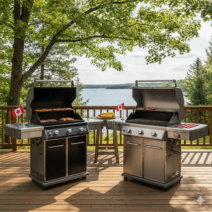 A side-by-side comparison of a Weber Genesis and a Napoleon Prestige gas BBQ on a Canadian cedar deck during summer.