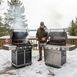 Comparing Weber vs Napoleon gas BBQ performance and heat retention during a snowy Canadian winter.