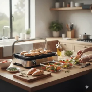 Illustration of a batch-cooking session using an indoor electric grill to prepare chicken breasts for the week.