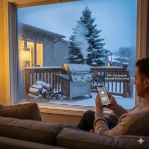 Using a WiFi-enabled smartphone app to monitor pellet grill temperatures from inside a warm Canadian home.