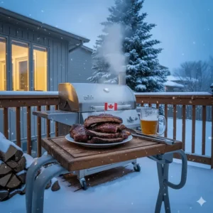 Freshly smoked BBQ ribs prepared on a pellet grill during a cold Canadian winter day.
