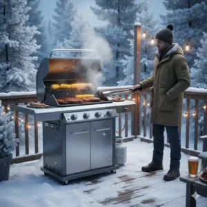 A durable gas grill being used in a snowy Canadian patio, highlighting cold-weather performance and heat retention.