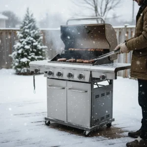 An illustration of a 4 burner gas grill being used in a snowy Canadian backyard, highlighting year-round durability.
