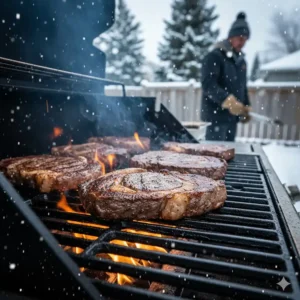 Heavy-duty cast iron grates on a gas BBQ, ideal for heat retention in freezing Canadian temperatures.