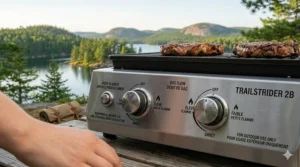 Technical drawing of a 2 burner gas grill highlighting English and French (EN/FR) safety labels.