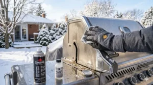 Applying a protective coating to a BBQ exterior to prevent rust from Canadian road salt and humidity.