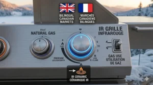 Bilingual branding graphic for infrared gas grills (Gril à gaz infrarouge) featuring Canadian flags and localized terminology.