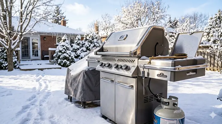 A stainless steel gas grill protected by a heavy-duty cover in a snowy Canadian backyard.