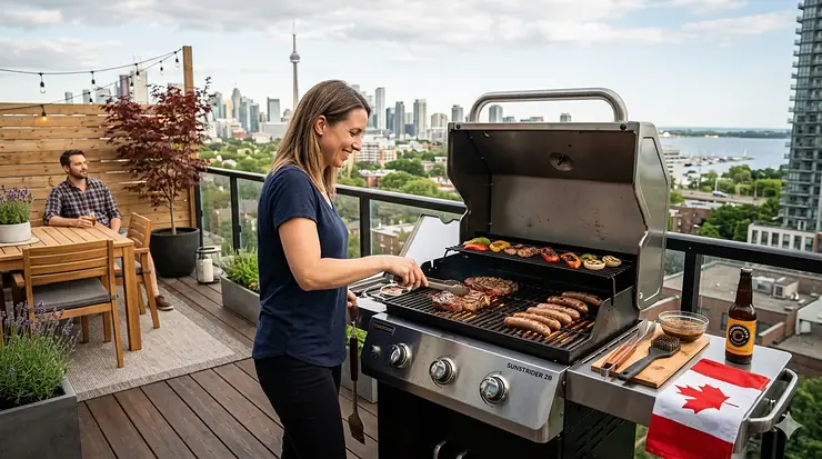 A premium 2 burner gas grill on an urban Canadian patio with a scenic skyline view.