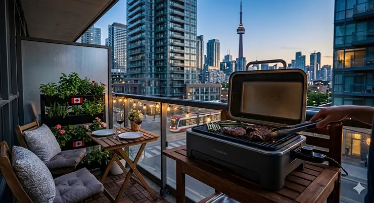 A compact electric grill on a modern downtown Toronto condo balcony with a view of the CN Tower, perfect for small space outdoor cooking. BBQ for small balcony