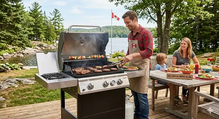 A family enjoying a summer BBQ in a Canadian backyard with a stainless steel gas grill under $500.