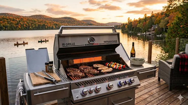 A high-performance infrared gas grill on a Canadian cedar deck overlooking a lake, demonstrating rapid searing technology for year-round outdoor cooking.