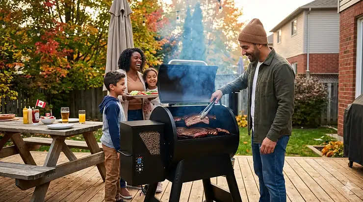 A family enjoys a backyard barbecue in Ontario using a top-rated pellet smoker under $500 with wood-fired brisket on the grill. pellet smoker Canada under $500