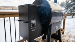 Close-up of a digital PID controller maintaining precise heat, a key feature of the best pellet smoker models.