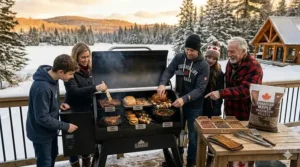 A stylized illustration of a family gathering around a pellet smoker at a lakeside cottage in Muskoka or the Laurentians.