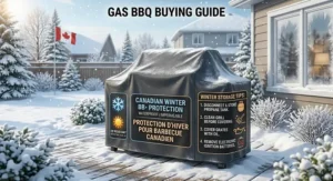 Close-up of a gas BBQ control panel featuring bilingual English and French safety labels and CSA certification.