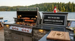 A photorealistic 4K detailed close-up illustration focuses on the digital control panel of the high-end built-in gas BBQ seen in image_0.png. The stainless steel panel has a clean interface displaying the text "BUILT-IN GAS BBQ / BARBECUE À GAZ ENCASTRÉ" in sharp white and red font. Below it, smaller bilingual text reads "PREMIUM CANADIAN PERFORMANCE / PERFORMANCE CANADIENNE DE QUALITÉ." The knobs feature small maple leaf icons, and natural golden hour light illuminates the scene on the stone island, maintaining continuity with image_0.png.
