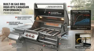 A photorealistic 4K detailed illustration presented as a technical cutaway diagram. Against a background of diffused, natural Canadian lakeside daylight, the stainless steel built-in gas BBQ from image_0.png is cross-sectioned to reveal its internal components. Layers of labeled 'Heavy-Duty Grade 304 Stainless Steel' form the structure, with one section highlighted and labeled 'Insulated Dual-Wall Hood.' Inside, the complex 'High-BTU Segmented Burner System' (modeled after high-end engineering) is fully exposed, showing fuel paths. Callout graphics show graphs comparing standard vs. this specialized 'built-in gas BBQ' performance in low Canadian temperatures (e.g., -10°C) and labeled 'CSA 6.10-M98 Certified Ignition.' Natural light highlights metal textures and diagram lines, with a soft blur on the lake.