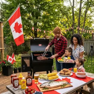A Canada Day backyard feast featuring grilled salmon, corn on the cob, and burgers on a pellet smoker.