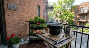 A small hibachi-style charcoal grill on a heat-resistant mat, ideal for a minimalist balcony setup in Montreal.